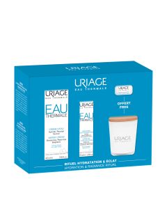 Uriage Eau thermale set 2022 - set za hidrataciju Eau thermale lagana krema 40 ml + Eau thermale krema za područje oko očiju 15 ml + GRATIS Eau thermale noćna maska 15 ml + GRATIS mirisna svijeća. Plavo bijela kutija seta proizvoda na bijeloj pozadini.