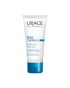 Uriage EAU THERMALE žele 40 ml - za hidrataciju za normalnu do mješovitu kožu. Lagana i izuzetno osvježavajuća tekstura ovog vodenog želea stapa se s kožom! Bijelo plava tuba proizvoda na bijeloj pozadini.