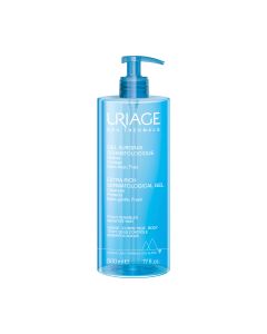 Uriage ekstra-bogati dermatološki gel za tuširanje osvježavajućeg mirisa namijenjen vrlo suhoj i osjetljivoj koži. Nježno čisti i štiti od isušivanja! Plavo bijela boca s pumpicom na bijeloj pozadini.