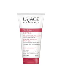 Uriage TOLEDERM CONTROL mliječni gel za skidanje šminke, 150 ml - nježno čisti i uklanja šminku s lica i očiju. Ovaj novi proizvod posebno je dizajniran za najosjetljiviju kožu. Bijelo crveni proizvoda na bijeloj pozadini.