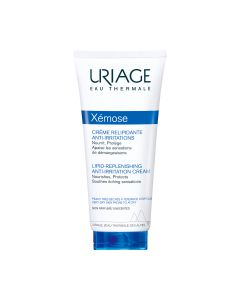 Uriage Xemose emolijentna krema 200 ml - za suhu kožu i sklonu atopiji. Nakon nanošenja odmah prodire i smanjuje hrapavost kože ostavljajući dugotrajan ugodan osjećaj! Bijelo plava tuba proizvoda na bijeloj pozadini.