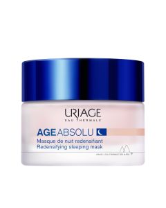 Uriage AGE ABSOLU noćna maska za zrelu kožu 50 ml - djeluje na bore, obješenost, volumen, blistavost. Za sve tipove zrele kože, čak i osjetljivu, njega kože u menopauzi. Tamno plavo roza posudica na bijeloj pozadini.