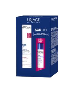 Uriage AGE LIFT dnevna krema 40 ml + GRATIS AGE LIFT serum 10 ml - dermatološki asortiman lifting tretmana koji zaglađuje i učvršćuje sve tipove kože, čak i osjetljivu. Bijelo plavo crvena kutija na bijeloj pozadini.