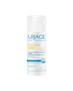 Uriage BARIESUN 100 EXTREME FLUID SPF50+ 50 ml  Bariésun kombinira visokoučinkoviti filterski kompleks i dva dermatološka patenta za ekstremnu zaštitu kože koja je najnetolerantnija na sunce. Proizvod u bijeloj bočici sa pumpicom na bijeloj pozadini.