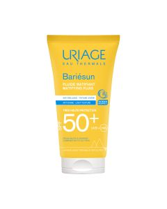 Uriage BARIESUN MAT SPF50+ FLUID 50 ml - posebno razvijen za mješovitu do masnu kožu, ovaj matirajući fluid pruža vrlo visoku zaštitu od sunca od UVA i UVB zraka. Proizvod u žutoj tubi na bijeloj pozadini.