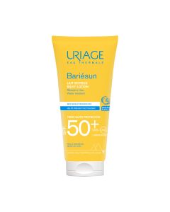 URIAGE BARIESUN SPF50+ SVILENKASTI LOSION 100 ml - kombinira visokoučinkoviti filterski kompleks i dva dermatološka patenta za zaštitu kože, sprječavanje oštećenja stanica i foto-starenje uzrokovano UVA, UVB i plavim svjetlom. Proizvod je u žutoj tubi na 