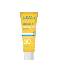 Uriage BARIESUN SPF50+ TONIRANA KREMA CLAIRE 50 ml - novo Bariésun kombinira moćan kompleks za filtriranje i dva dermatološka tretmana za zaštitu kože od UVA, UVB zraka i plavog svjetla. Proizvodu u žutoj tubi na bijeloj pozadini.