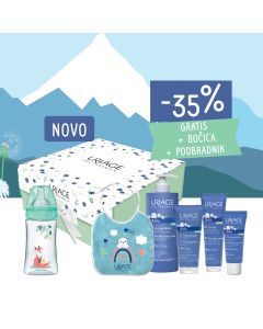 Uriage Bebe 1. Baby Box - Prvo mlijeko za njegu kože 500 ml, Prvi Creme Lavante - pjenušava emulzija za pranje 200 ml, Prva krema za pelensku regiju 100 ml, Prva krema za lice 40 ml, GRATIS Dodie Plastična bočica + GRATIS URIAGE BEBE PODBRADNIK.