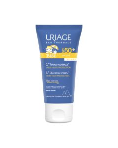 Uriage Bebe PRVA MINERALNA KREMA SPF50+ 50 ml - Fotozaštita s mineralnim filterima nudi maksimalnu toleranciju za osjetljivu kožu male djece. Proizvod u tamno plavoj tubi na bijeloj pozadini.