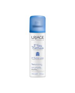 Uriage Bebe Prva termalna voda 150 ml - za bebe - 95% umiruje i hidratizira kožu, odlično pomaže djeci koja imaju pelenski osip! Vidljiv učinak nakon par puta korištenja! Bijelo plava bočica sa špricom na bijeloj pozadini.