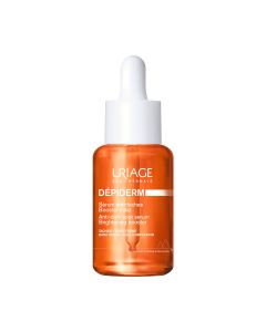 Uriage Depiderm booster serum 30 ml - ovaj serum sastavljen od 94% sastojaka prirodnog podrijetla vidljivo smanjuje mrlje, ujednačava i posvjetljuje kožu. Bijelo narančasta bočica s pipetom na bijeloj pozadini.