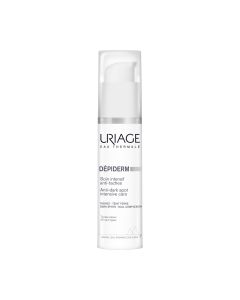 Uriage Depiderm intenzivna njega 30 ml - intenzivan tretman protiv hiperpigmentacija za ten bez sjaja. Korigira hiperpigmentacije i sprječava njihovo ponovno pojavljivanje. Bijelo siva bočica s pumpicom na bijeloj pozadini.