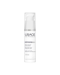 Uriage Depiderm intenzivna njega 30 ml - intenzivan tretman protiv hiperpigmentacija za ten bez sjaja. Korigira hiperpigmentacije i sprječava njihovo ponovno pojavljivanje. Bijelo siva bočica s pumpicom na bijeloj pozadini.