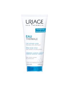 Uriage EAU THERMALE mlijeko za tijelo 200 ml - ultra lagane teksture za suhu i dehidriranu kožu tijela, pruža učinkovitu 24-satnu hidrataciju! Bijelo plava tuba proizvoda na bijeloj pozadini.