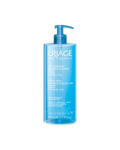 Uriage ekstra-bogati dermatološki gel za tuširanje osvježavajućeg mirisa namijenjen vrlo suhoj i osjetljivoj koži. Nježno čisti i štiti od isušivanja! Plavo bijela boca s pumpicom na bijeloj pozadini.