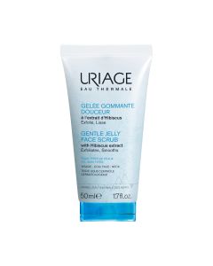 Uriage Piling gel za lice 50 ml - je lagan i osvježavajući piling za pranje lica koji čisti kožu, uklanja nečistoće i eksfolira u jednom koraku te osvježava ten! Prozirno bijelo plava tuba proizvoda na bijeloj pozadini.