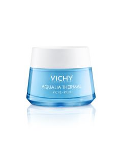 Vichy AQUALIA THERMAL Bogata krema za hidrataciju kože s hijaluronskom kiselinom, 50 ml - bogata krema za njegu kože intenzivno hidratizira suhu i isušenu kožu. Bijelo plava posudica kreme na bijeloj pozadini.