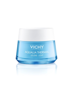 Vichy AQUALIA THERMAL Lagana krema za hidrataciju kože s hijaluronskom kiselinom, 50 ml - Lagana krema za hidrataciju normalne do suhe kože. Bijelo plava posudica kreme na bijeloj pozadini.