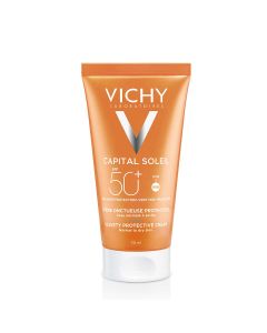 Vichy  CAPITAL SOLEIL Baršunasta krema za ljepši izgled kože SPF 50+ 50 ml - sustav filtera širokog spektra protiv UVA i UVB-zraka ojačan je protiv dugih UVA- zraka za još bolju zaštitu i ljepšu kožu. Narančasto bijela tuba proizvoda na bijeloj pozadini.