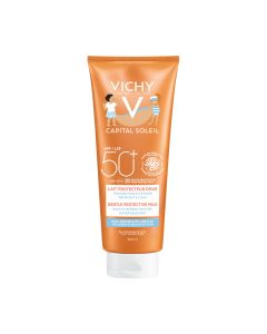 Vichy CAPITAL SOLEIL Dječje mlijeko SPF 50+ 300 ml - za borbu protiv štetnih učinaka UV-zraka i za zaštitu dragocjenog genetskog kapitala dječje kože. Narančasto bijelo plava tuba proizvoda na bijeloj pozadini.