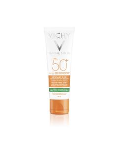 Vichy CAPITAL SOLEIL Matirajuća njega 3-u-1 SPF 50+ vrlo visoka zaštita 50 ml - za svakodnevnu upotrebu obogaćena zelenom glinom i ekstraktima bifidusa za kontrolu masnog sjaja tijekom dana. Bijelo narančasto zelena tuba proizvoda na bijeloj pozadini.