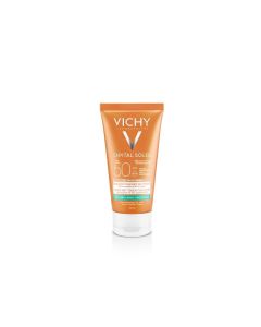 Vichy CAPITAL SOLEIL OBOJENI “DRY TOUCH” FLUID ZA LICE SPF 50 BB prirodna nijansa tena, iznimno visoka zaštita od sunca koja otkriva idealan ten. Bijelo narančasta tuba proizvoda na bijeloj pozadini.