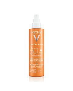 Vichy Capital Soleil Vodeni Fluid u spreju SPF50+ 200 ml - je antioksidativna krema za sunčanje za lice i tijelo koja nudi naprednu zaštitu od kratkih i dugih UVA zraka, UVB zraka i slobodnih radikala. Narančasto bijela boca s špricom na bijeloj pozadini.