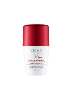 Vichy DÉODORANT CLINICAL CONTROL Roll-on dezodorans protiv neugodnih mirisa do 96h, 50 ml - tijekom cijelog dana ovaj dezodorans brine o vašim pazusima i dopušta koži da diše za optimalnu udobnost. Bijelo crvena roll-on proizvoda na bijeloj pozadini.