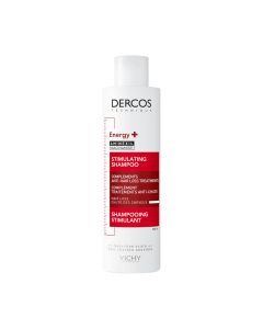 Vichy Dercos Energetski šampon protiv ispadanja kose 200 ml - energetski šampon dopuna tretmanima protiv ispadanja koji je jedini šampon s Aminexilom. Bijelo crvena bočica na bijeloj pozadini.