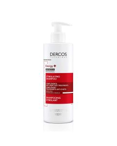 Vichy DERCOS ENERGY+ Stimulirajući šampon protiv opadanja kose 400 ml - obogaćen referentnom molekulom Aminexil za pomoć u borbi protiv ispadanja kose. Bijelo crvena boca s pumpicom na bijeloj pozadini.