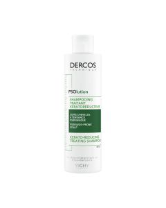 Vichy Dercos šampon - Keratolički njegujući šampon, obogaćen dermatološki aktivnim sastojcima, razvijen posebno za vlasišta sklona psorijazi, za kosu zdravog izgleda. Bijelo zelena boca šampona na bijeloj pozadini.