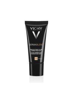 Vichy DERMABLEND Korektivni tekući puder 20 Vanilla, 30 ml - stapa se s kožom za vrlo prirodan rezultat i savršen osjećaj ugode tijekom cijeloga dana. Crno srebrna tuba proizvoda na bijeloj pozadini.