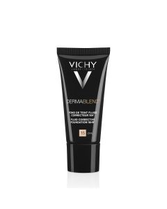 Vichy DERMABLEND Korektivni tekući puder 30 ml, 15 Opal - visoka moć prekrivanja 16h + izvorni rezultat ljepote - optimalni osjećaj ugode: 24-satna hidratacija. Crno srebrna tuba tekućeg pudera na bijeloj pozadini.