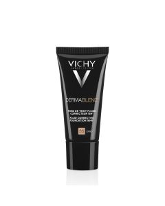 Vichy DERMABLEND Korektivni tekući puder 30 ml, 35 Sand - visoka moć prekrivanja 16h + izvorni rezultat ljepote - optimalni osjećaj ugode: 24-satna hidratacija. Crno srebrna tuba tekućeg pudera na bijeloj pozadini.