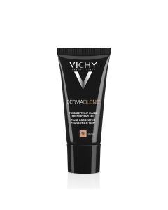 Vichy DERMABLEND Korektivni tekući puder 30 ml, 45 Gold - visoka moć prekrivanja 16h + izvorni rezultat ljepote - optimalni osjećaj ugode: 24-satna hidratacija. Crno srebrna tuba proizvoda na bijeloj pozadini.
