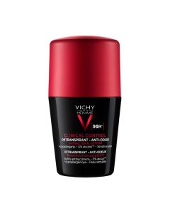Vichy HOMME CLINICAL CONTROL Roll-on dezodorans protiv neugodnih mirisa do 96h, 50 ml - jamči izuzetnu zaštitu od neugodnih mirisa i vlage, a istovremeno njeguje kožu pazuha. Crno crveni roll-on na bijeloj pozadini.