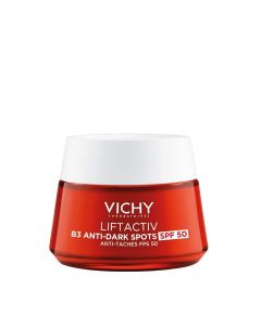 Vichy LIFTACTIV B3 ANTI-DARK SPOTS krema protiv hiperpigmentacijskih mrlja i bora SPF50, 50 ml - za značajan anti-ageing učinak za ispravljanje svih znakova gubitka razine kolagena u koži. Crveno bijela posudica proizvoda na bijeloj pozadini.