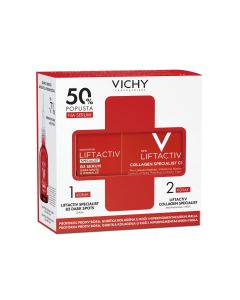 Vichy Protokol protiv bora, gubitka kolagena u koži i hiperpigmentacijskih mrlja: LIFTACTIV B3 DARK SPOTS SERUM protiv hiperpigmentacijskih mrlja i bora, 30 ml + LIFTACTIV COLLAGEN SPECIALIST Dnevna njega, 50 ml. Crveno bijela kutija seta proizvoda na bij