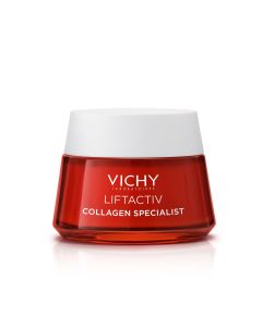 Vichy LIFTACTIV COLLAGEN SPECIALIST Dnevna krema protiv bora - dnevna njega protiv bora, za obnavljanje razine kolagena u koži. Crveno bijela posudica kreme na bijeloj pozadini.