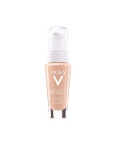 Vichy LIFTACTIV FLEXITEINT SPF 20 Tekući puder protiv bora 30 ml, 15 Opal - sa zatezajućom teksturom silikona za trenutni učinak liftinga i zdravi sjaj kože bez ukrućivanja crta lica. Bijelo smeđa bočica s pumpicom na bijeloj pozadini.