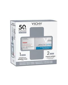 Vichy Protokol protiv bora i nedostatka čvrstostoće kože: LIFTACTIV SUPREME H.A. EPIDERMIC FILLER Serum, 30 ml + LIFTACTIV SUPREME Dnevna njega, normalna do mješovita koža, 50 ml. Bijelo siva kutija seta na bijeloj pozadini.