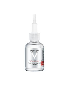 Vichy LIFTACTIV SUPREME H.A. EPIDERMIC FILLER Serum za punoću kože s 1,5% čiste hijaluronske kiseline, 30 ml - anti-agining serum s hijaluronskom kiselinom. Srebrno bijela bočica proizvoda na bijelo pozadini.