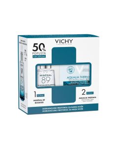 Vichy Hidratacijski protokol za njegu kože: MINÉRAL 89 Dnevni booster za snažniju i puniju kožu, 50 ml + AQUALIA THERMAL Bogata krema za hidrataciju kože, suha koža, 50 ml. Bijelo plava kutija seta na bijeloj pozadini.