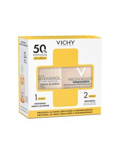 Vichy Protokol za njegu zrele kože u postmenopauzi: NEOVADIOL MENO5 BI- Serum za kožu u peri i postmenopauzi, 30 ml + NEOVADIOL Hranjiva dnevna njega za kožu u postmenopauzi, 50 ml. Žuto bijela kutija seta na bijeloj pozadini.