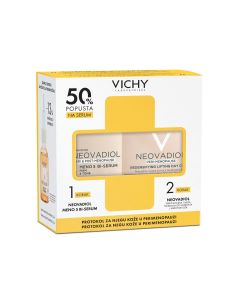 Vichy Protokol za njegu kože u perimenopauzi: NEOVADIOL MENO5 BI- Serum za kožu u peri i postmenopauzi, 30 ml + NEOVADIOL Dnevna njega za gustoću i punoću kože u perimenopauzi, normalna do mješovita koža, 50 ml. Žuto bijela kutija seta na bijeloj pozadini