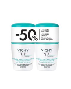 Vichy Roll-on dezodorans za regulaciju prekomjernog znojenja (zeleni) -50% na drugi proizvod - dva bijelo zelena dezodoransa na bijeloj pozadini.