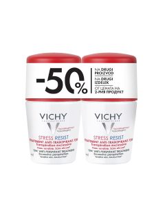 Vichy Roll-on STRESS RESIST dezodorans za regulaciju prekomjernog znojenja -50% na drugi proizvod - dva bijelo crvena dezodoransa na bijeloj pozadini.