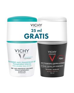 Vichy Roll-on zeleni + Homme 72h - 1+1 50% GRATIS - 48-satna učinkovitost protiv znojenja! + antiperspirant roll-on protiv pretjeranog znojenja 72-sata. Proizvodi su na bijeloj pozadini.