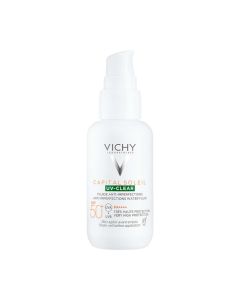 Vichy Capital Soleil Fluid protiv nepravilnosti SPF 50+ 40 ml - protiv nepravilnosti nudi vrlo visoku zaštitu od UVA i UVB zraka, bori se protiv hiperpigmentacijskih mrlja i matira kožu. Bijelo narančasta bočica s pumpicom na bijeloj pozadini.