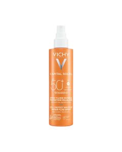 Vichy Capital Soleil Vodeni Fluid u spreju SPF50+ 200 ml - je antioksidativna krema za sunčanje za lice i tijelo koja nudi naprednu zaštitu od kratkih i dugih UVA zraka, UVB zraka i slobodnih radikala. Narančasto bijela boca s špricom na bijeloj pozadini.